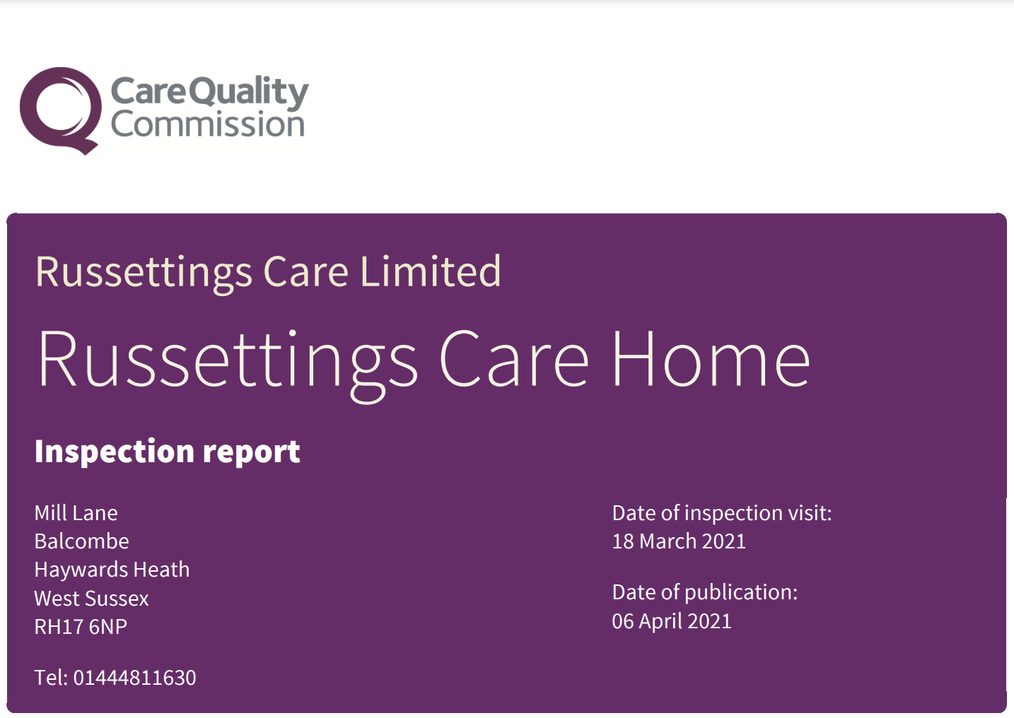 Russettings CQC April 2021 Inspection Report